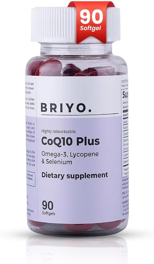 Omega 3 EPA DHA, Lycopene 및 Selenium을 가진 Briyo CoQ10 100mg 보충교재 – 심장 건강, 에너지 지원, 산화 방지제 보호, 건강한 노후화 – 한 번 매일 Softgels, 90 조사