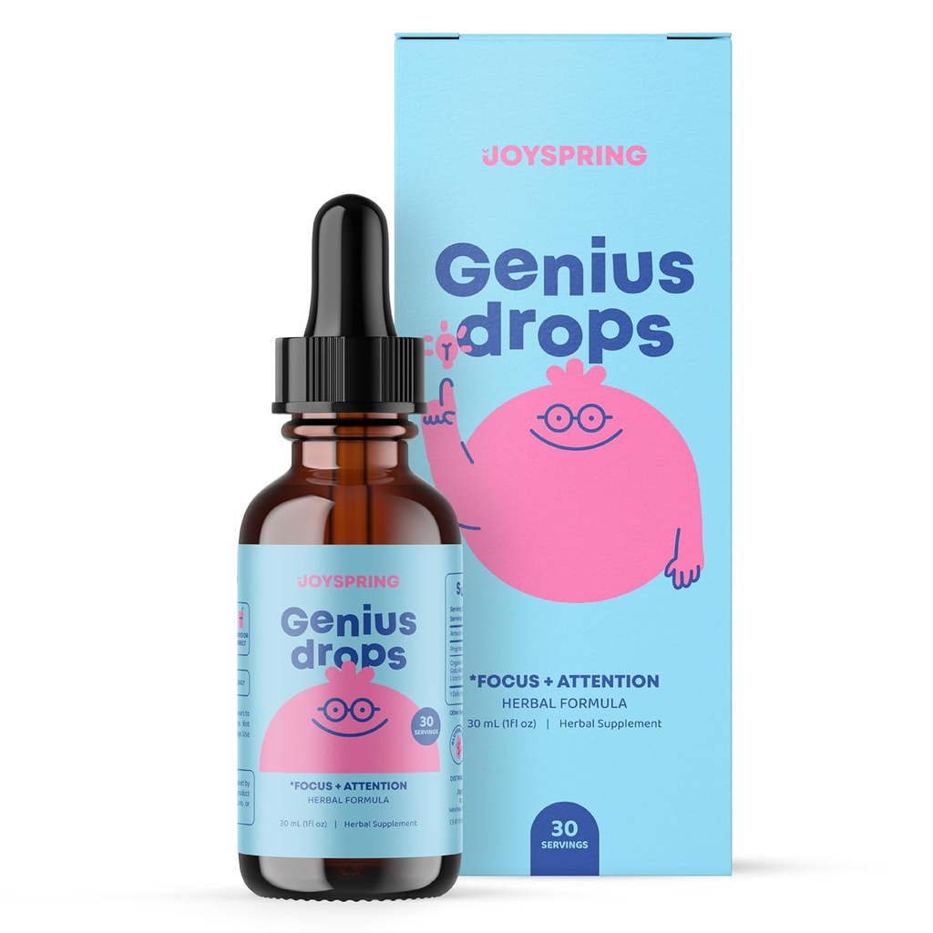 JoySpring Genius Drops for Kids | Integratore di messa a fuoco clinica | Integratore di messa a fuoco di erbe liquide con Ginkgo Biloba per bambini (1 fl oz) 30 Serve