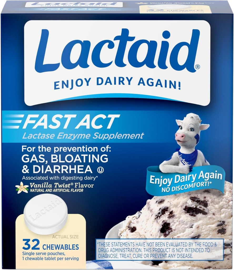 Lactaid Fast Act Lactose intolerance Relief Chewables with Natural Lactase Enzyme to prevent Gas, Bloating & Diarrhea Due to Lactose Hassasiyet, On-Go, Vanilla Twist Flavor, 32 x 1 ct