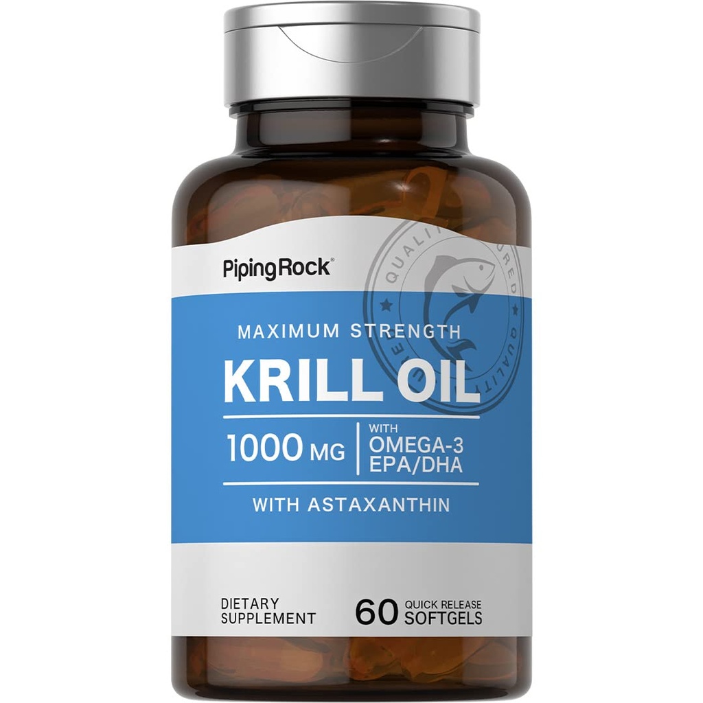 Piping Rock Krill Oil 1000mg Softgels | 60 Count | Supplement for Women and Men | with Omega 3, Astaxanthin, EPA, DHA | Non-GMO, Gluten Free