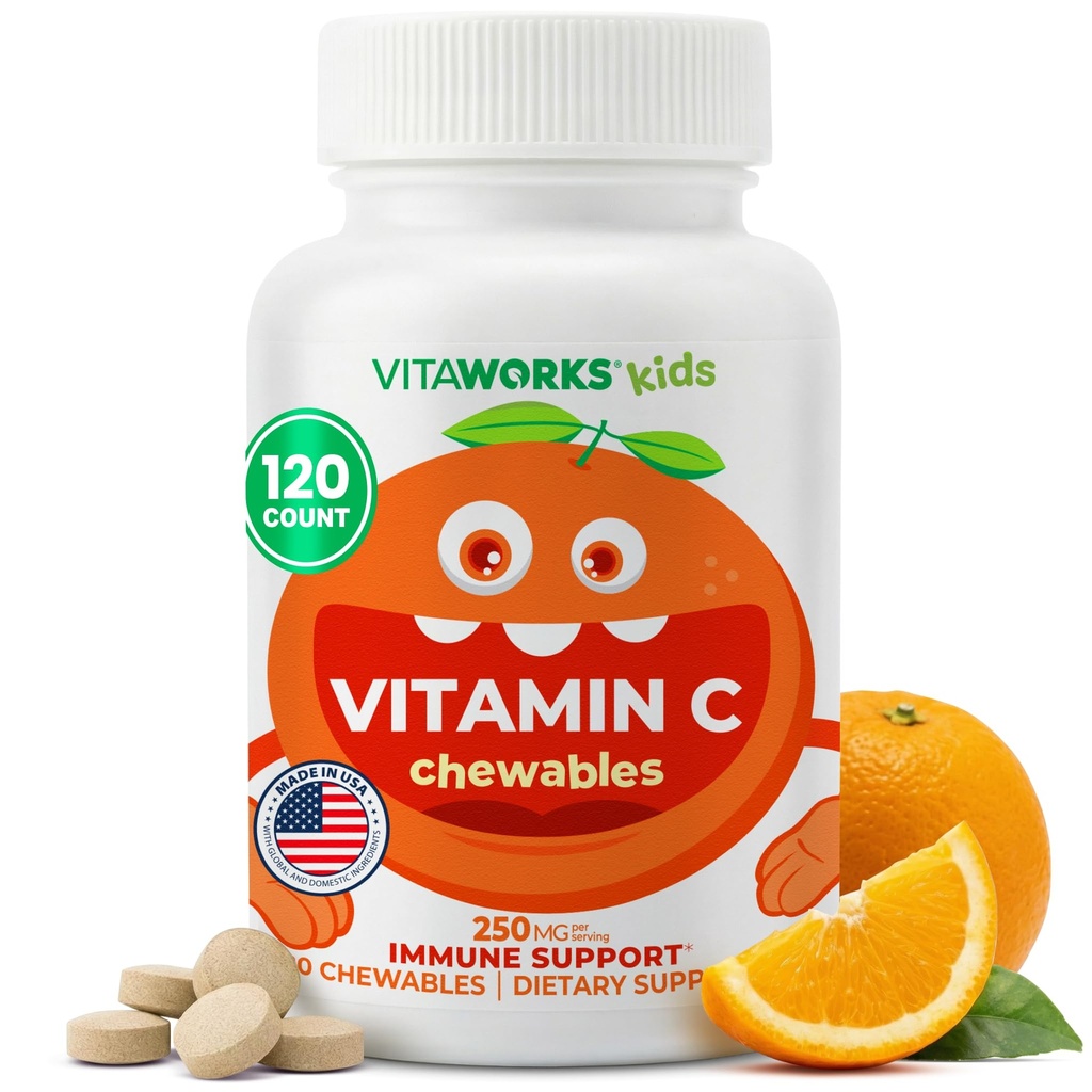 VitaWorks Kids Vitamin C Chewable Tablets 250mg - Vegan, GMO-Free, Gluten Free, Nut Free Vitamins - Dietary Supplement for Immune Support - for Children - 120 Chewables