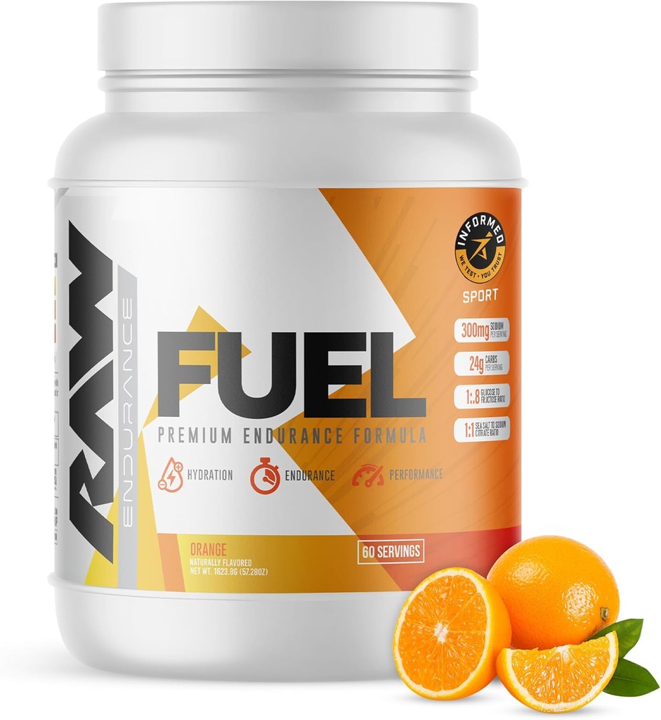 RAW Fuel, Premium Endurance supplement Powder, Orange (60 Servings) - Peak Performance, Hydration " Stamina During Workouts, Training or competition - 24g of Carbohydrates " 300mg of Sodium