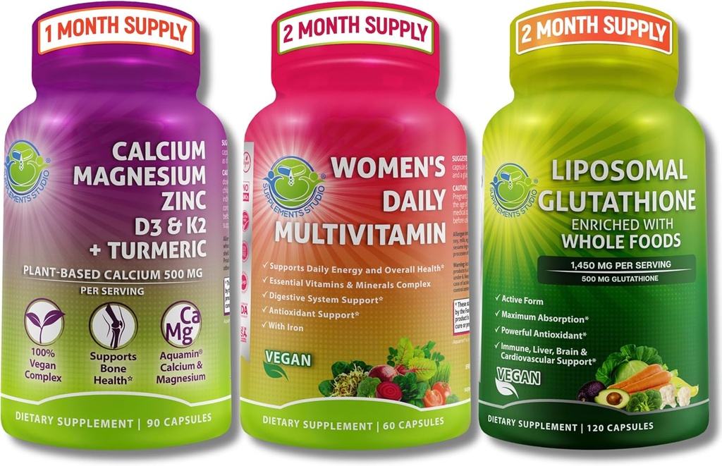 Women’s Multivitamin, Calcium & Liposomal Glutathione Trio - Plant-Based Calcium, Magnesium, Zinc, D3, K2 & Turmeric + Women’s Daily Multivitamin with Iron + Liposomal Glutathione 500mg
