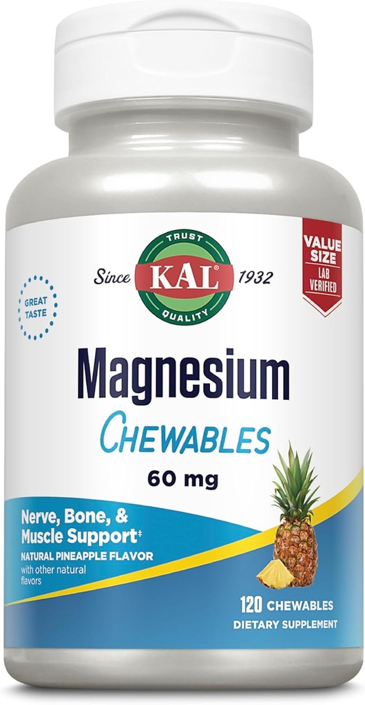 KAL Magnezu Chewables - Magnezu Citrate for Nerve, Muscle, and Bone Support - No Added Sugar, Vegan Magnezu Supplement - 60- Day Guarantee - Ananas Flavor - 120 Servings, 120 Chewable Tablets
