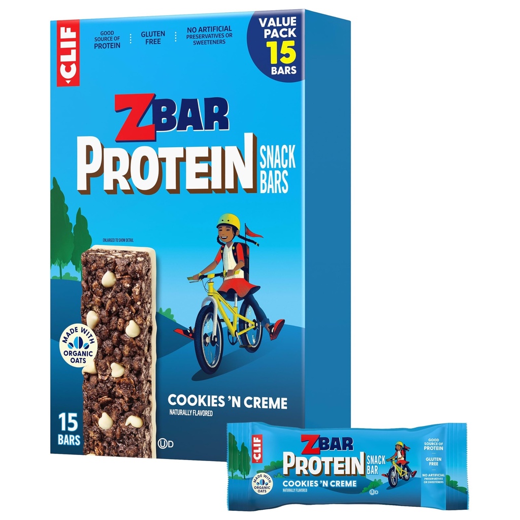 Zbar Protein - Cookies 'N Creme - Snack Bars - Made with Organic Oats - Non-GMO - 5g Protein - Gluten Free Protein Bars - Snacks for Kids (15 Pack)