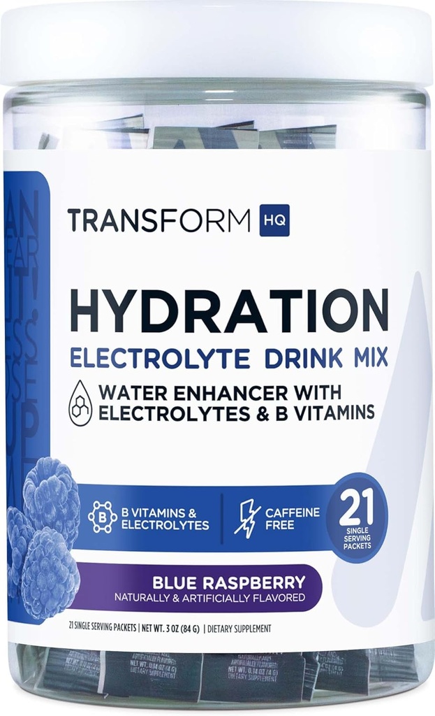 TransformHQ Hydration Drink Mix (21 Zerbitzu bakarreko paketeak, Raspberry Urdina) - Hidratazio gehigarria Bitaminekin eta Elektrolitoekin nahastua