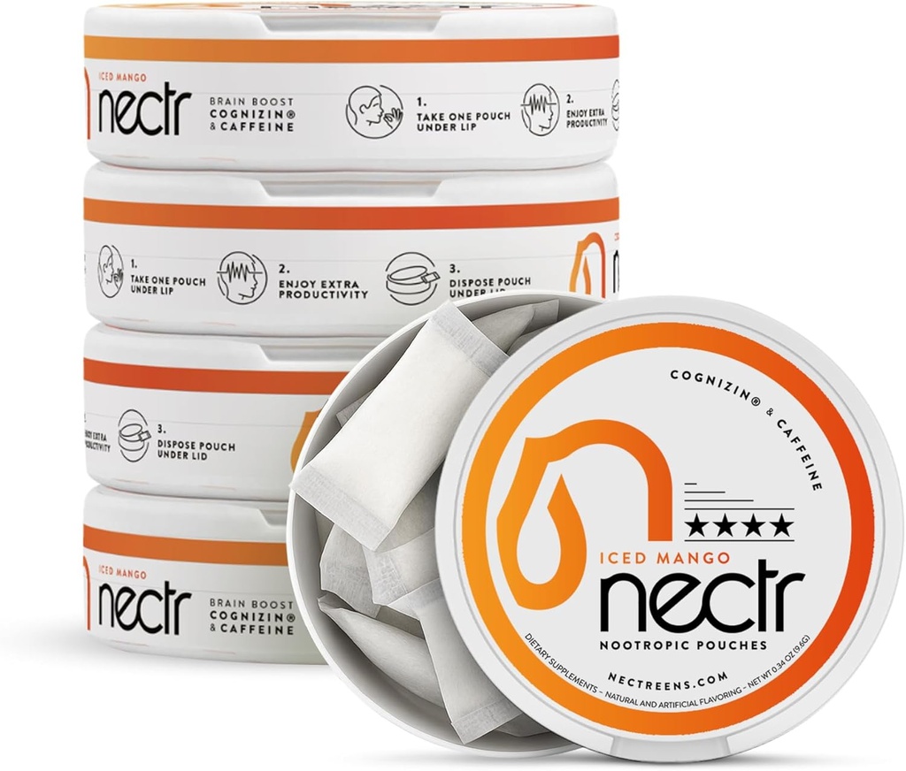 Nectr Energy Nootropic Pouchs  Brain Treats fără zahăr. Smooth, Se sustine Focus & Suplimentul energetic - 5 Pucuri de 16 buc