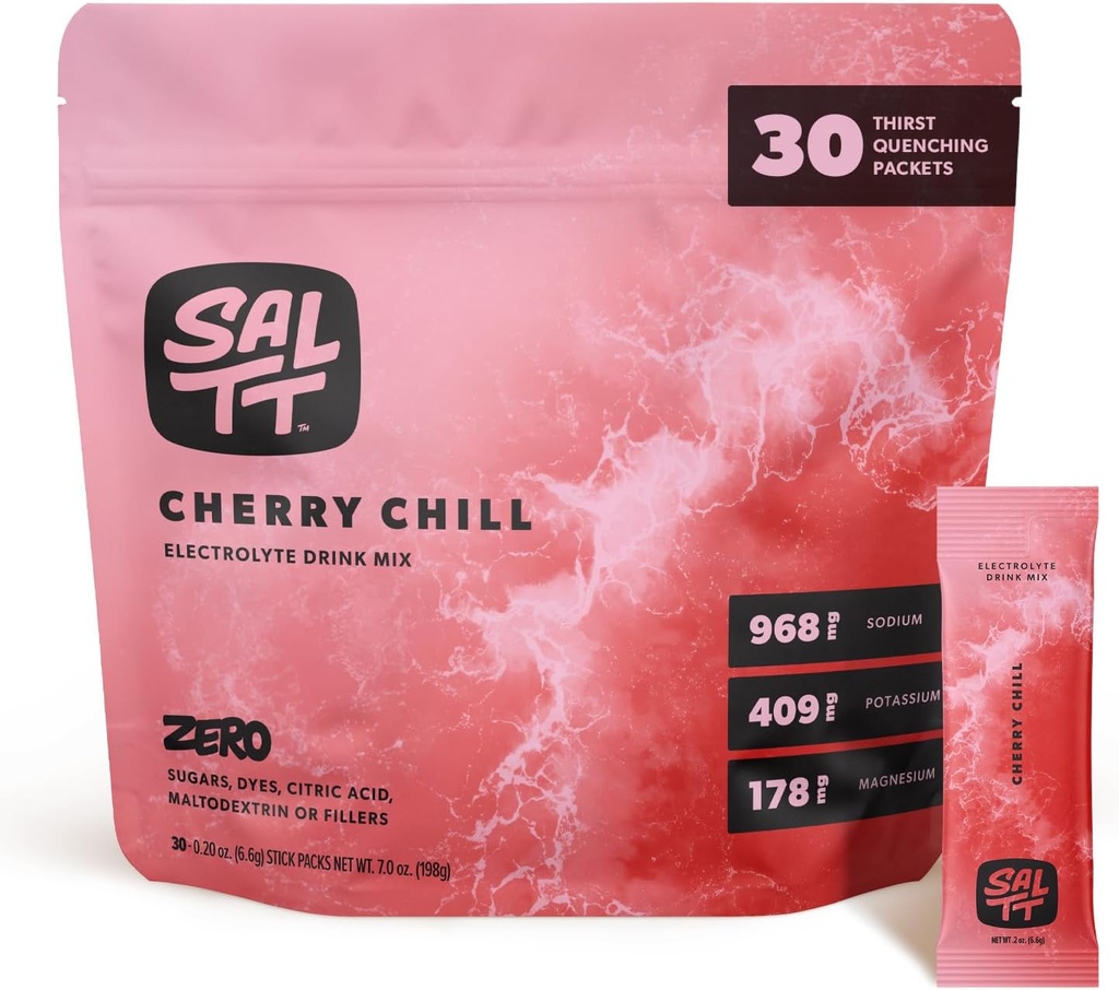 SALTT Elektrolyte Pulver Flavored Drink Mix - Cherry Chill - 30 Hydration Packets - Magnesium, Kalium, Natrium, Trace Minerals - Zero Sugar & Gluten Free - Travel Essentials