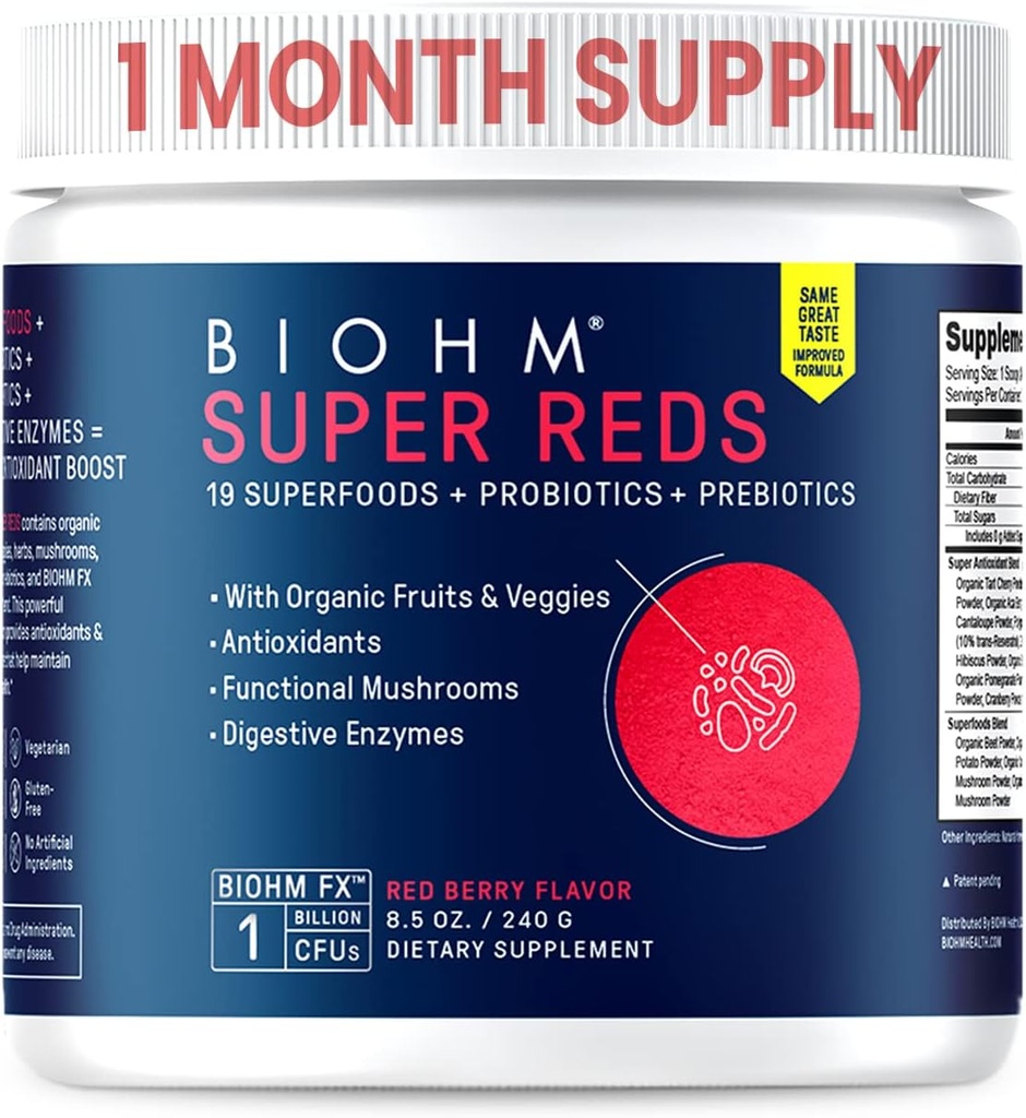 BIOHM Super Reds, Beet Root Powder Antioxidant Beets and Smoothie Mix with Tart Cherry Extract and 19 Red Whole Foods Packed with Prebiotics and Probiotics, Non-GMO, Red Berry 풍미 (30 인분)