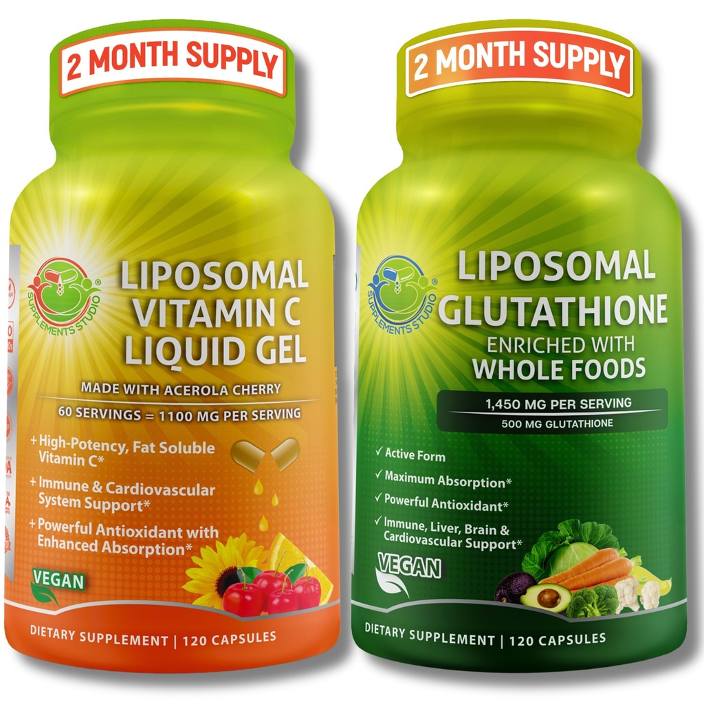 SUPPLEMENTS STUDIO Liposomal Vitamin C 1100mg Liquid Gel & Liposomal Glutathione 500mg – Whole Food Enhanced Antioxidant & Immune Support Bundle – Non-GMO, Clean Daily Wellness Support