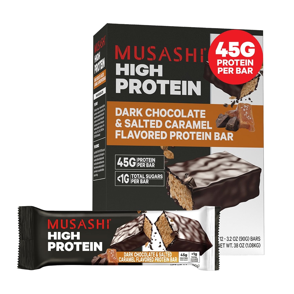 MUSASHI High Protein Bar, 45g Protein, <1g Gesamtzucker, Dark Chocolate & Salted Caramel, Post Workout und Protein Snack On The Go, 12 Pack of 3.2oz (90g) Bars