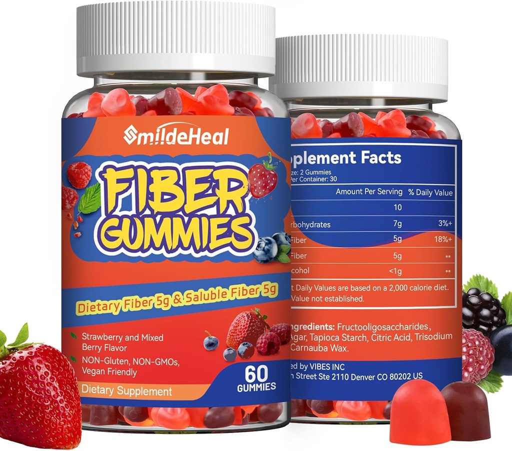 Fiber Gummies, Fibra alimentare, per le donne e gli uomini, Gut Health Support, Non OGM, Non-Gluten, Vegan, Misto Berry e Fragola Flavor, 120 Conte Gummies
