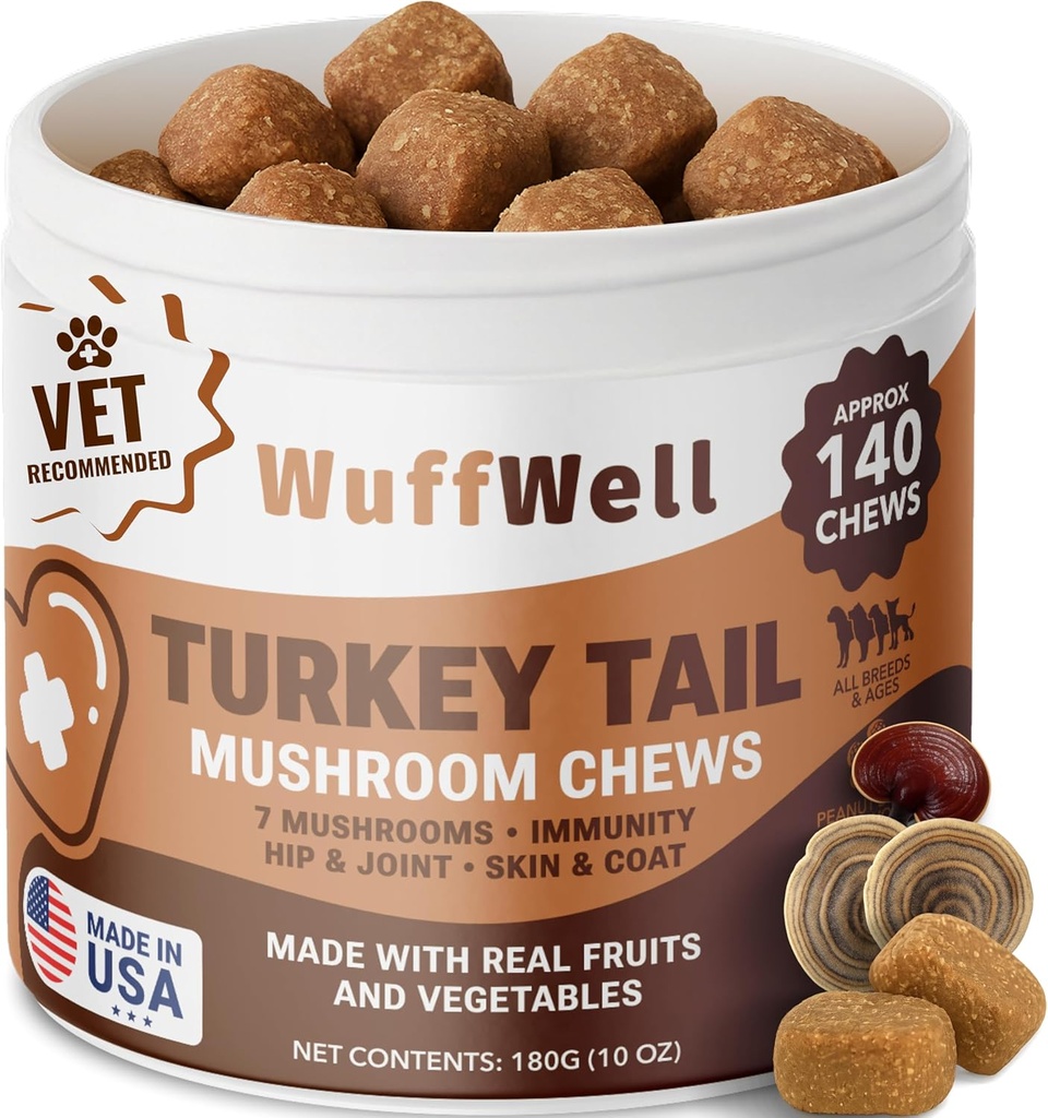 WuffWell Turkey Saba Seened koertele - Seenelisandid koertele Immune Support - Aids Lumps & Bumps - Seenepulber koerale - Vet-Recommended - Koer Seenepulber - Valmistatud USA-s