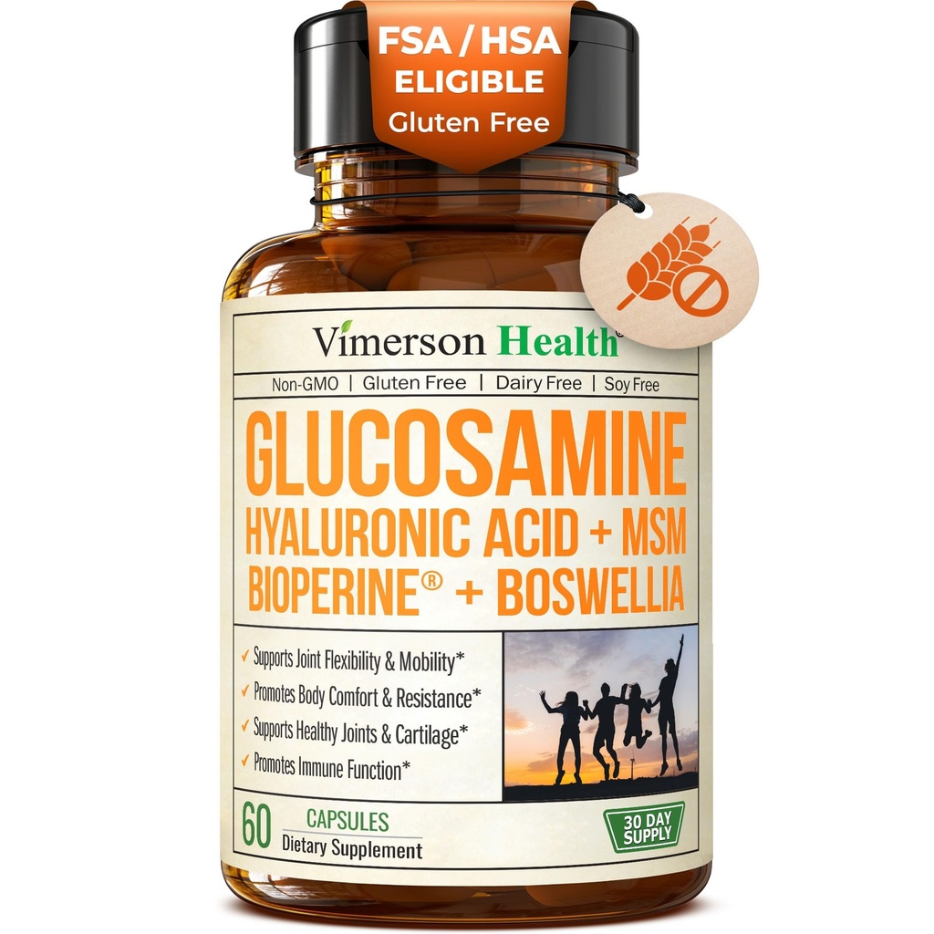 Joint Support Supplement with Glucosamine Sulfate, Hyaluronic Acid, Boswellia & MSM – Supports Joint Health, Mobility & Bone Strength – for Daily Use – FSA Eligible 60 Capsules