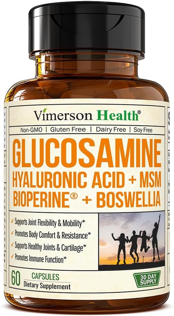 Sulfato de glucosamina con ácido hialurónico, Boswellia, Black Pepper & MSM Suplemento - 5-in-1 Suplemento conxunto para homes e mulleres - saúde conxunta, mobilidade e forza ósea - FSA Eligible 60 Caps