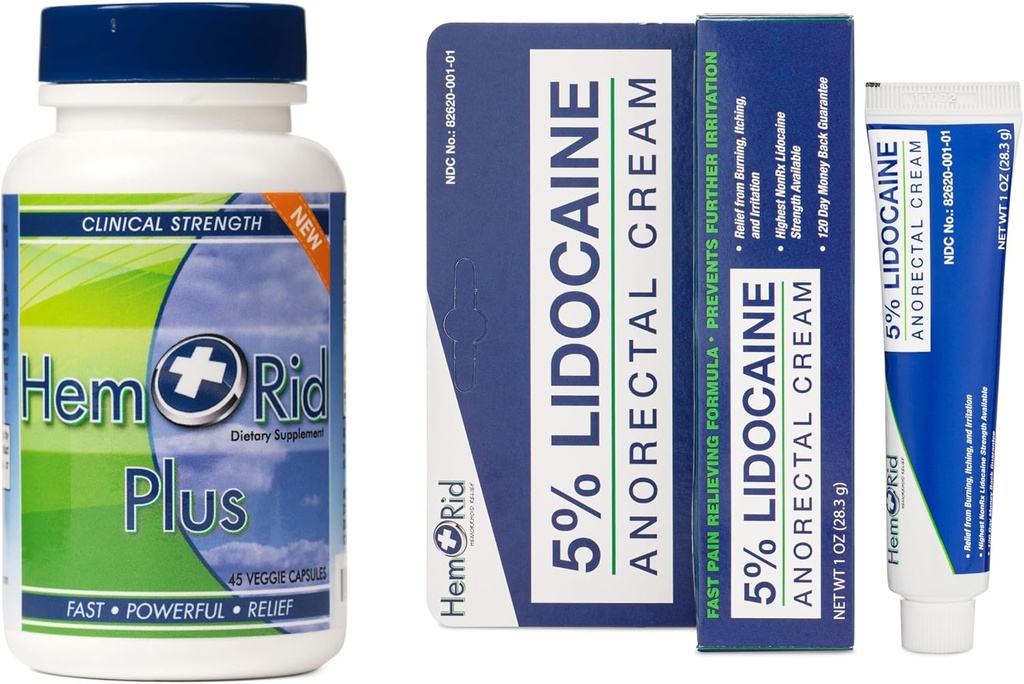 HemRid Plus & Lidocaine Cream Bundle: Обширна грижа за хемороиди Discomfort, изработени в САЩ