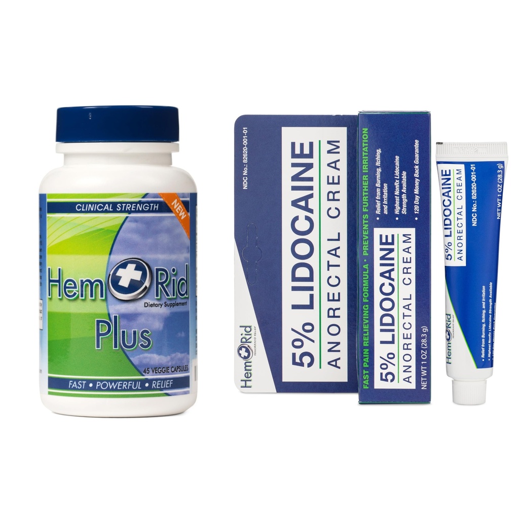 HemRid Plus & Lidocaine Cream Bundle: Comprehensive Care for Hemorrhoid Discomfort, Crafted in The USA