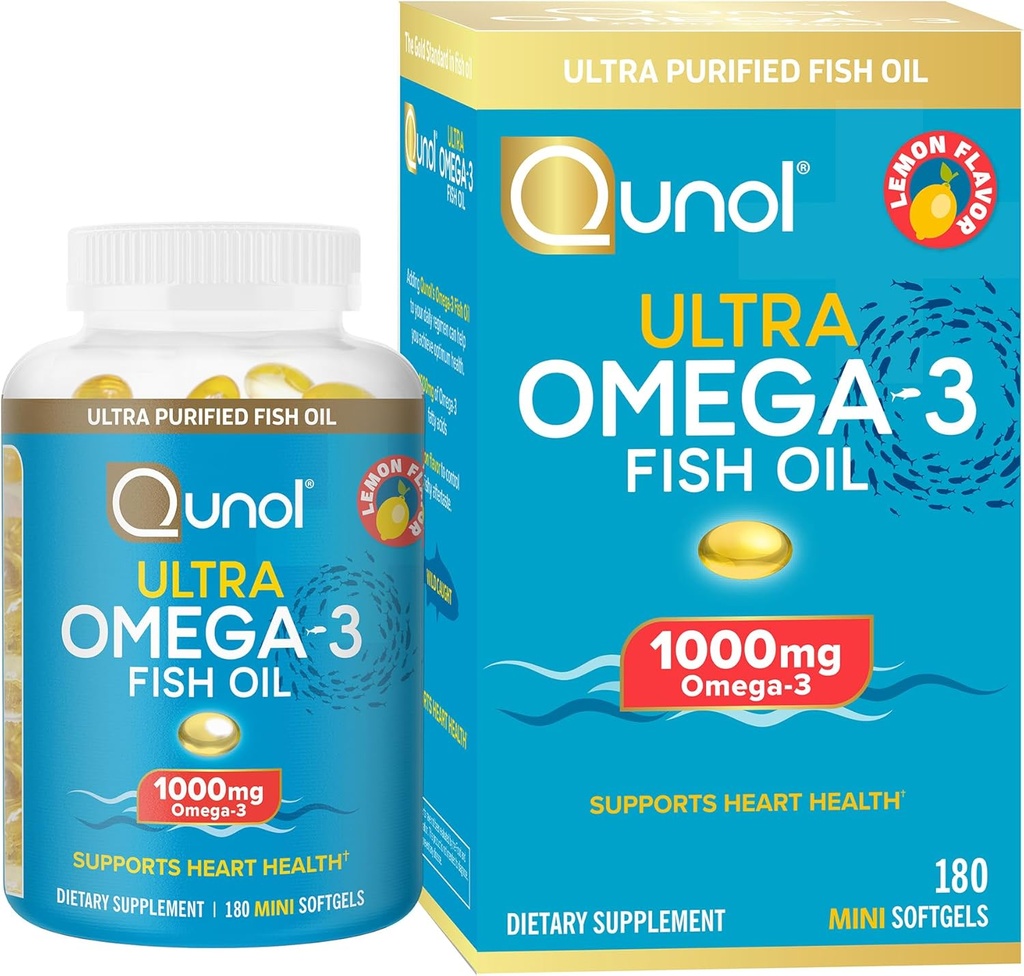 Huile de poisson Qunol Omega 3 Mini Softgels, 1000mg Omega 3 EPA + DHA, Suppléments ultra purs, Soutien de santé cardiaque, Saveur de citron, Minis faciles à avaler, Approvisionnement de 3 mois, 180 Compte