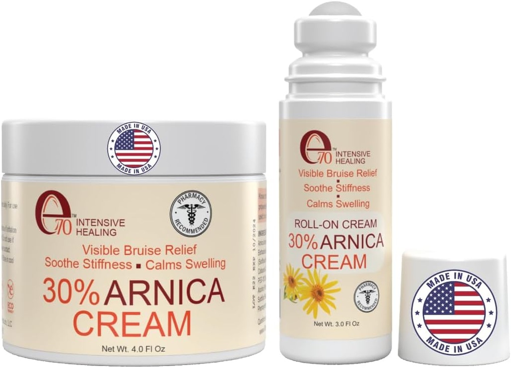 Arnica Creme & Arnica Gel Roll-On 2PK para contusões e inchações, músculos doloridos e articulações com vitamina K, 30% Arnica Montana, ácido hialurônico e L-arginina