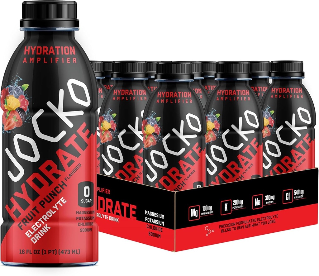 Jocko Fuel Hydrate Electrolyte Drinks - Sports Drink Hydration Amplifier, Thirst Quencher - Scientificly formulated Electrolyte Blend Fruit Punch Flavor 16 Oz (12 Pack)