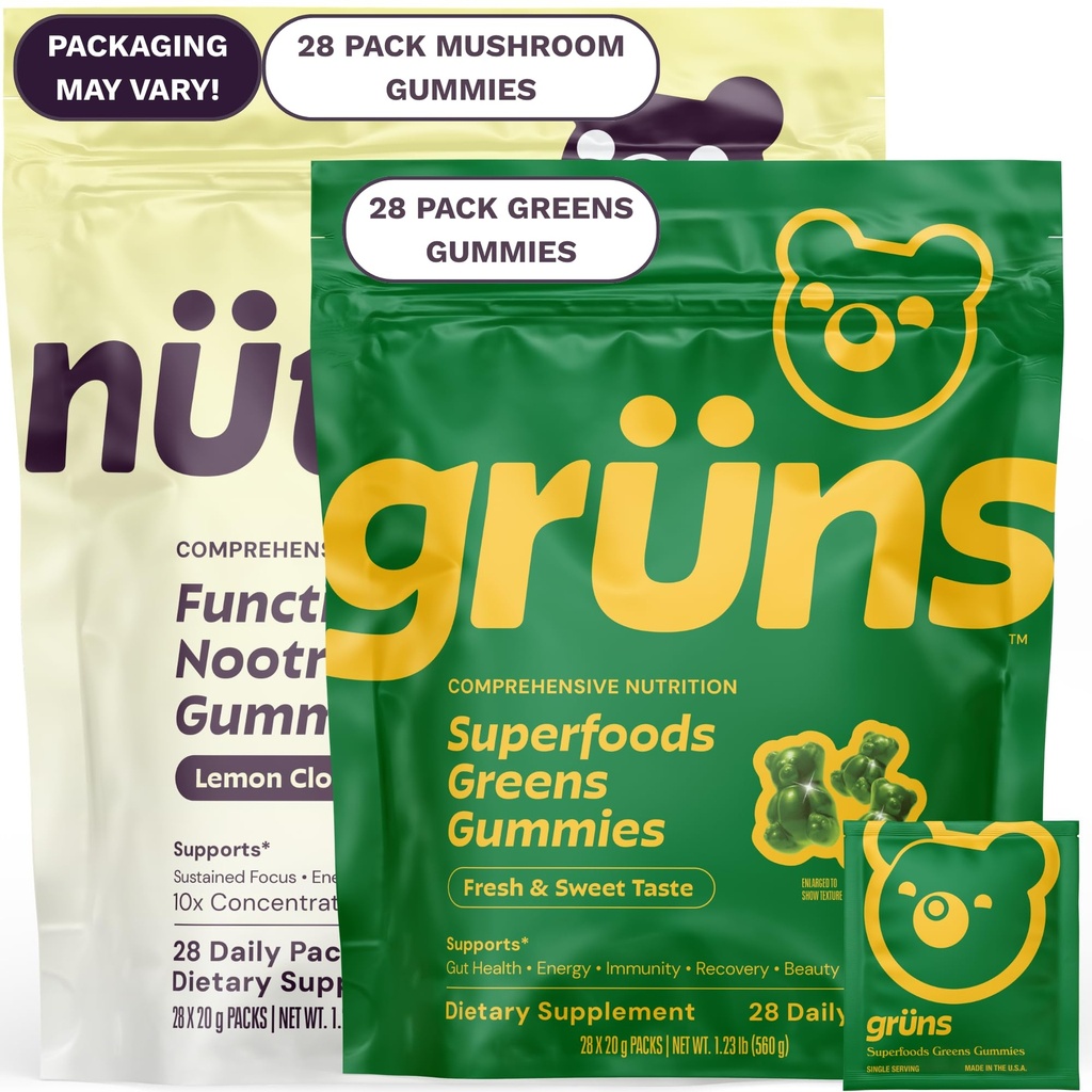 Gruns Superfood Green + NEW Nütrops Gummy Bundle, Organic Nutritional Supplement 2 x 28 Pack: Multivitamin, prebiotics, adaptogens + Nootropic Mushroom Herbal Supplement to Support Mood, Focus, Gut