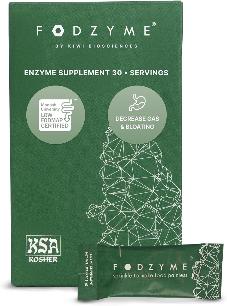 FODZYME 口服消化酶促进口腔健康、减肥、气、便秘、腹泻、腹痛、低度FODMAP、30剂量