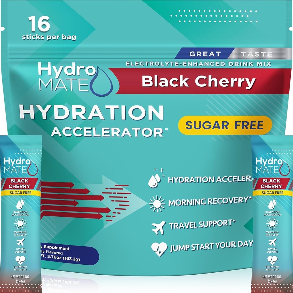Pacotes de hidratação sem açúcar em pó de eletrólito Black Cherry HydroMATE 16 Sticks