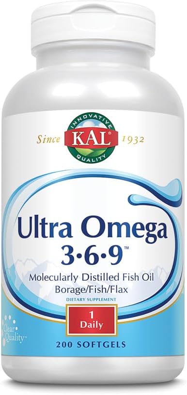 KAL Ultra Omega 3-6-9 1200mg | Fish Oil w/Cold Pressed Flaxseed & Borage Oil | Haut, Haar, Herz, Gedächtnis | 200 Softgels