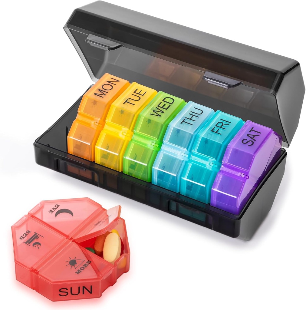 Ugentlig Pill Organizer 4 gange om dagen, Stor Pill Box 7 Dag Daglig Pill Case med 28 Ekstra store kompartmenter Bærbare rejse Pill Container Big Medicine Organizer til supplement Vitamin (Rainbow)