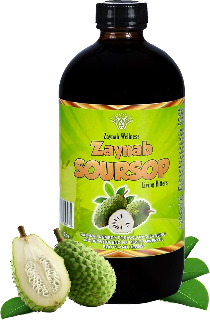 Zaynab Organic Soursop Bitters Vedel Soursop Lehtega Soolestiku puhastamiseks, Detox & Immune Support | Mustseemneõli, Moringa, Küüslauk & Ingver üldiseks heaoluks | Parim Soursop Bitter | 16 Fl Oz