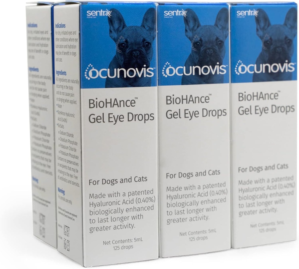 Sentrx - Ocunovis Gel Eye Drops voor honden en katten met droge ogen, Hydrating Cat en Hondenoog Drops met Hyaluronzuur, Non-Blurring en niet-Stinging Artificial Tears, 5 ml, 6 Pack