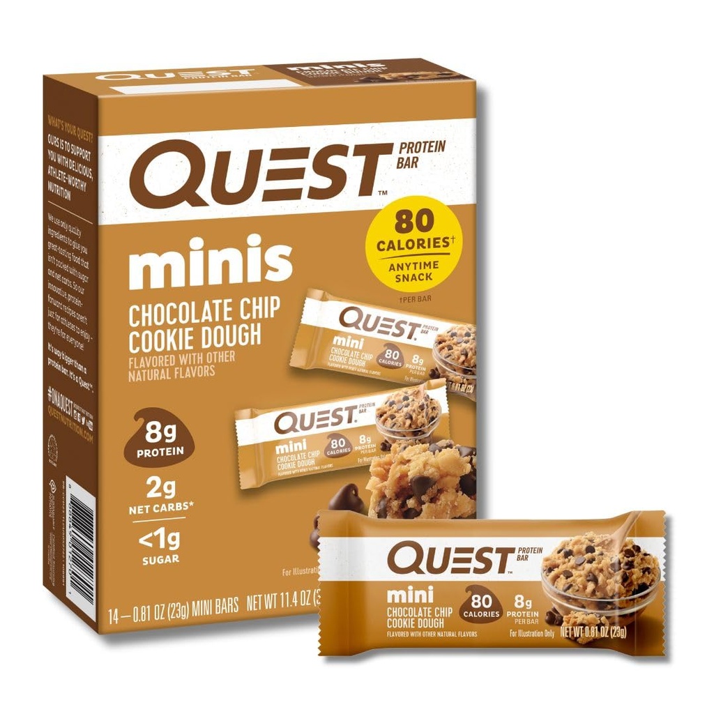 Quest Nutrition Mini Chocolate Chip Cookie Dough Proteínas Bars, 8g Protein, 1g Sugar, 2g carbohidratos Net, Gluten Free, 14 Count