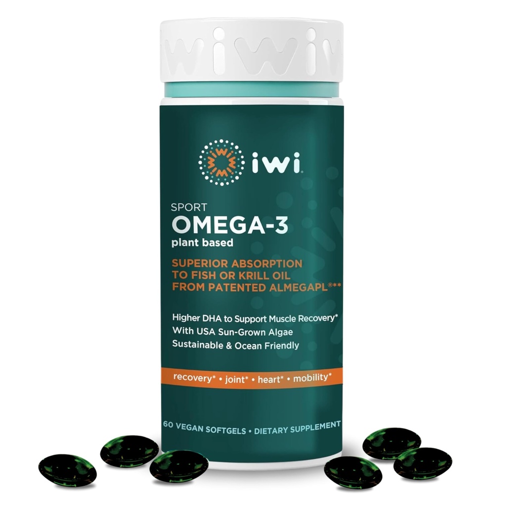 Iwi Omega-3 Sport, 60 Softgels (30 Servings), Plant-Based Vegan Algae Omega 3 with DHA, Exercise Recovery Support Dietary Supplement, Krill & Fish Oil Alternative, No Fishy Aftertaste