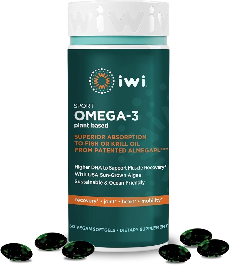 Iwi Omega-3 Sport, 60 Softgels (30 services), Plant-based Vegan Algae Omega 3 with DHA, 锻炼恢复辅助饮食补充, Krill & Fish Oil Alternature, No Fishy Afterastest