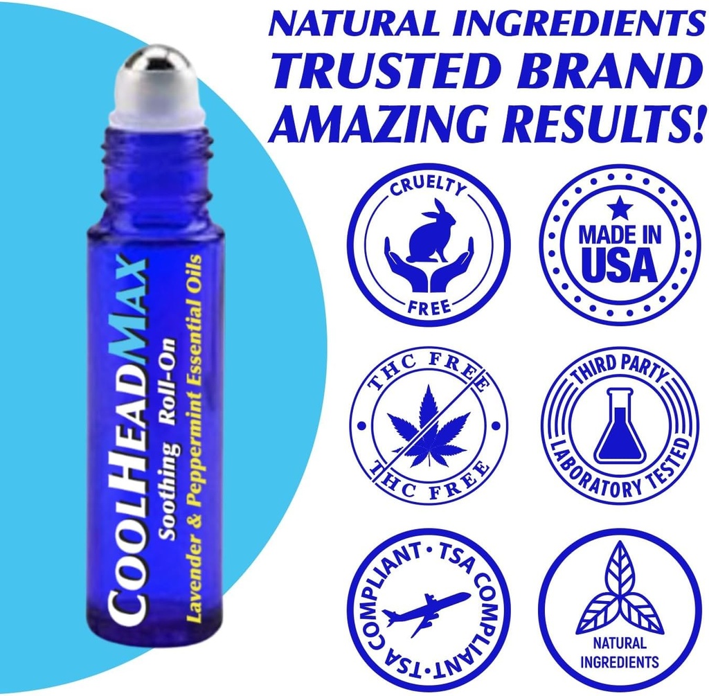 CoolHead Max Roll On, Natural Peppermint Essential Oil Migraine, Headache Support Roller, Fast Cooling Comfort for Your Head 3 Pack
