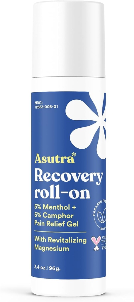 ASUTRA Inddrivelse Roll-On Gel, 3.4 oz - Køling og opvarmning Sensation, Midlertidig lindring fra muskelbesvær og ømhed, Mess- Free Applicator, Menthol, Campher, og Premium- Quality Magnesium