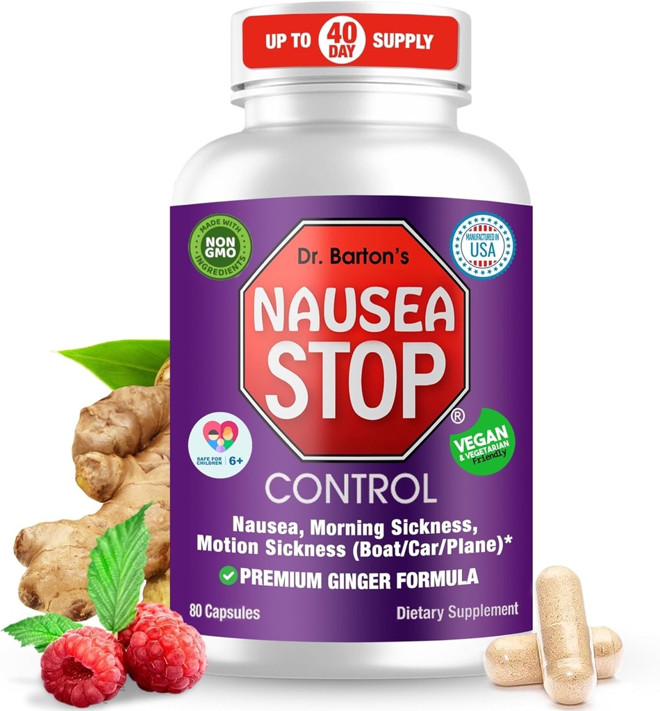 Dr. Barton's Nausea Stop - Натуральний Ginger, Non-Drowsy Nausea Relief Таблетки для дорослих і дітей, Анти-Наука, Знижувати Stomach, Ранок Sickness & Вагітність Nausea - Travel Essentials - 80 капсули (1 пакет)