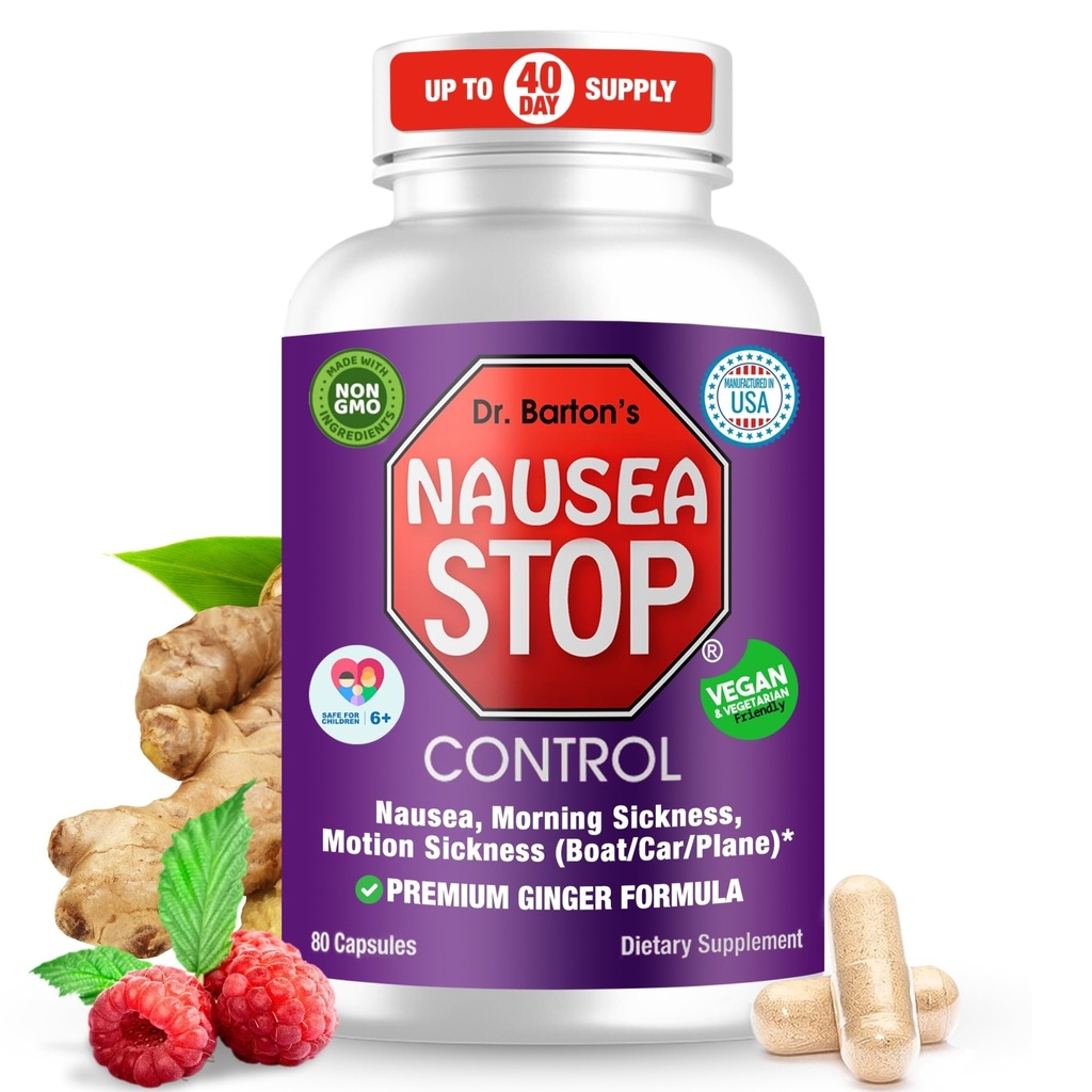 Dr. Barton’s Nausea Stop - Natural Ginger, Non-Drowsy Nausea Relief Pills for Adults & Kids, Anti Nausea, Upset Stomach, Morning Sickness & Pregnancy Nausea - Travel Essentials - 80 Capsules (1 Pack)