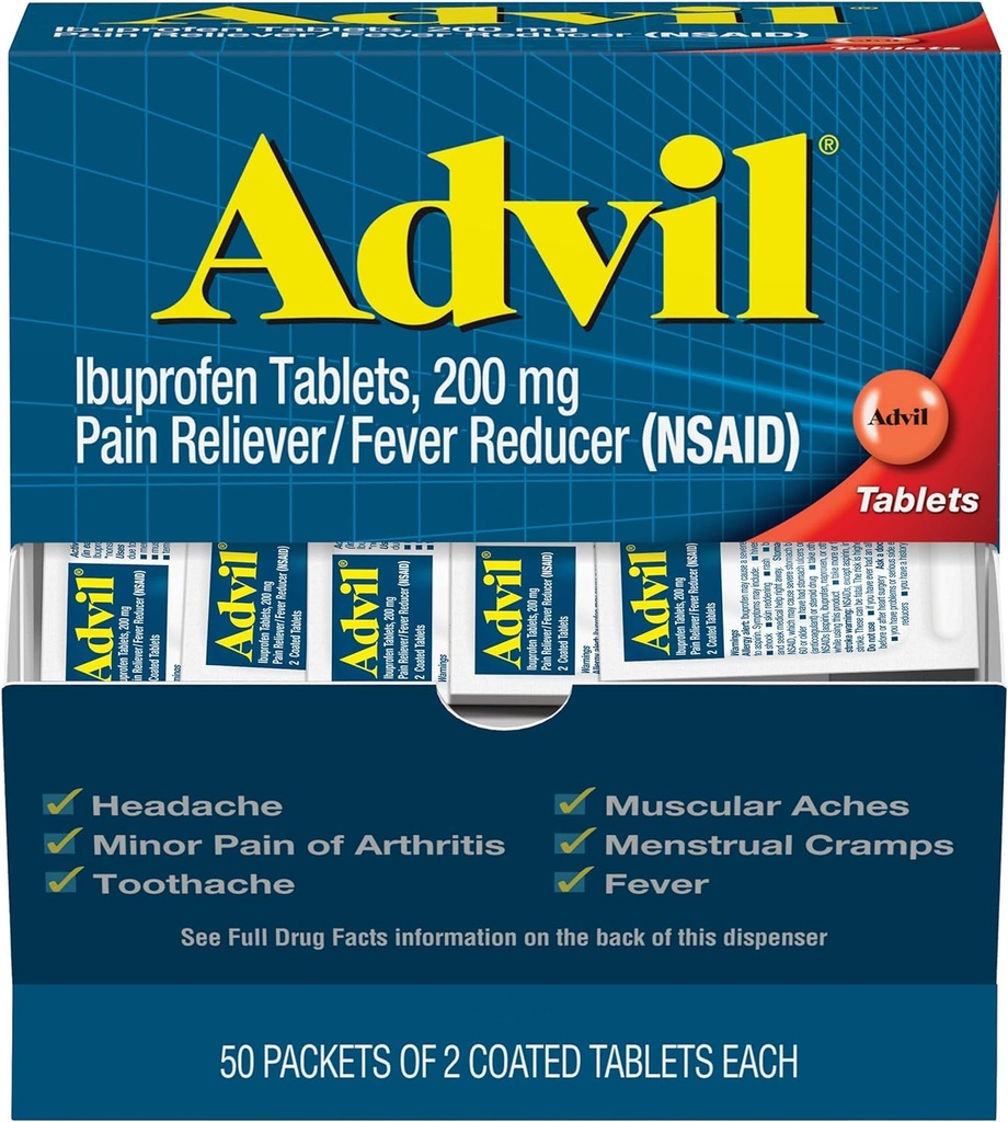 Advil Ibuprofen, 200mg (50 Packets of 2 Coated Tablets) 50 ea (Pack of 3)