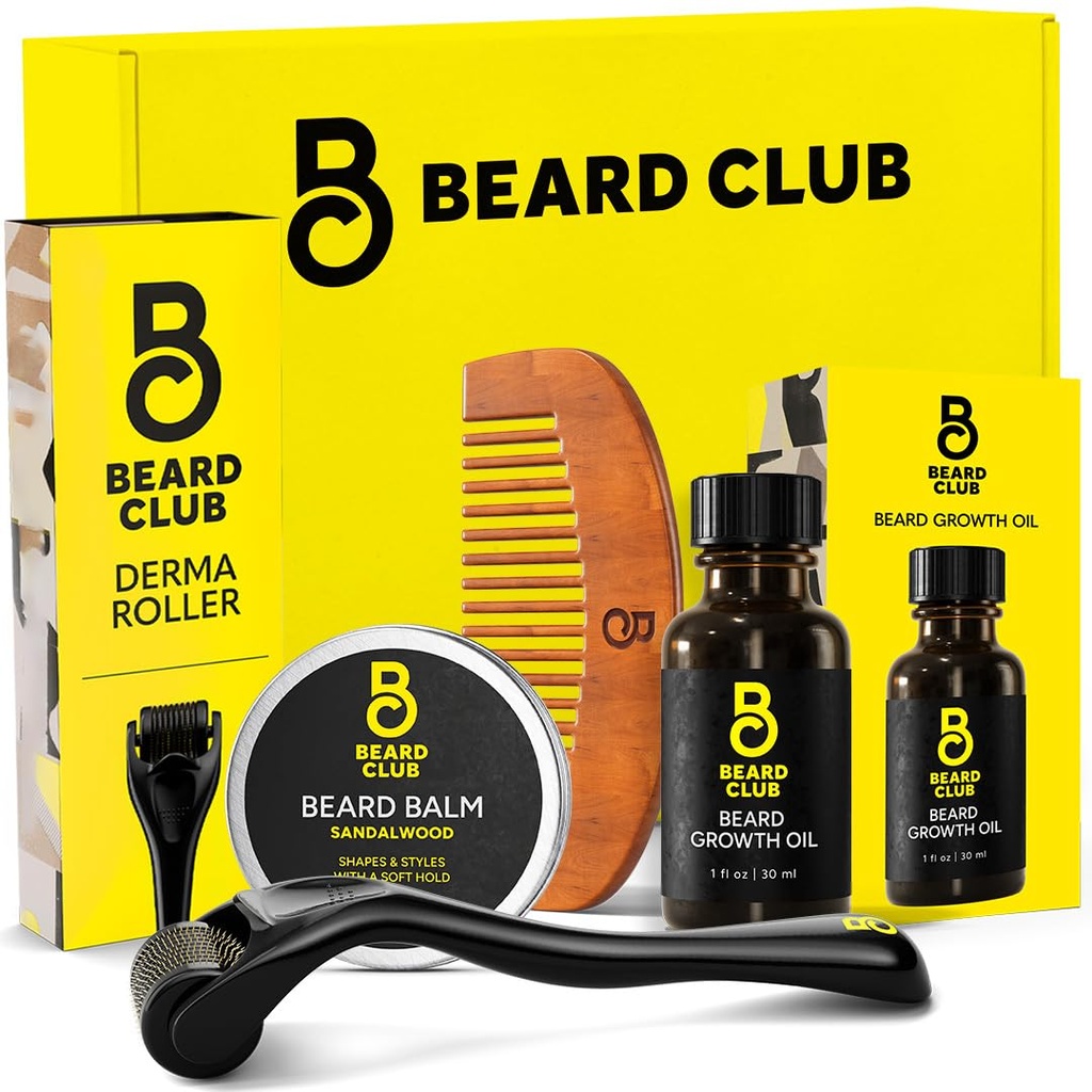 Barbă Club Barbă de creştere Kit - Derma Roller, Barbă de creştere ulei, Sandalwood Balm, Comb - Set cadou