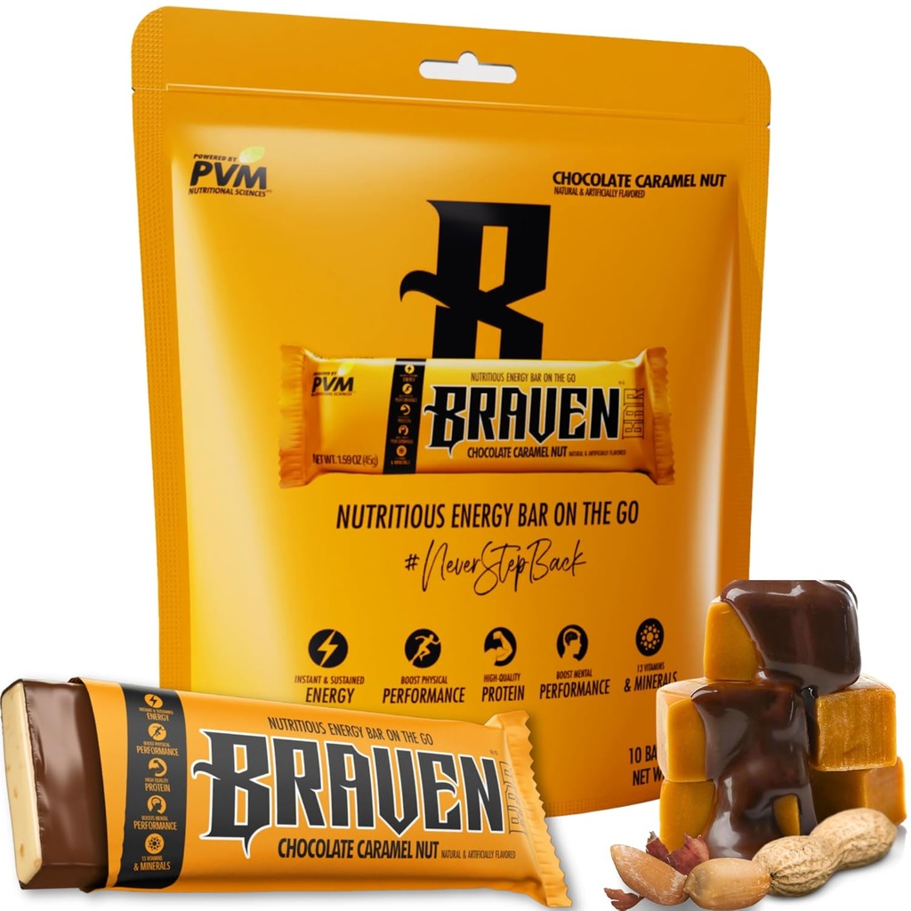 Braven Bar Chocolate Caramel Nut Energy Bars (1,59 oz, Pack of 10) - Energy Chews med 5g Protein - On-the-Go Energy Snacks för körning, vandring och sport - Gluten Free Snacks för hållbar energi Boost