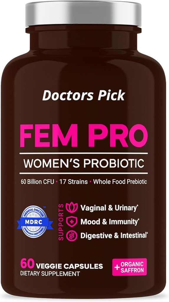 Fem Pro Probiotice pentru femei. 17 Tulpini eficiente clinic pentru suport vaginal, digestiv si imun, sanatate tract urinara, echilibru pH si mood. 60 Capsule vegetale, 2 luni de aprovizionare