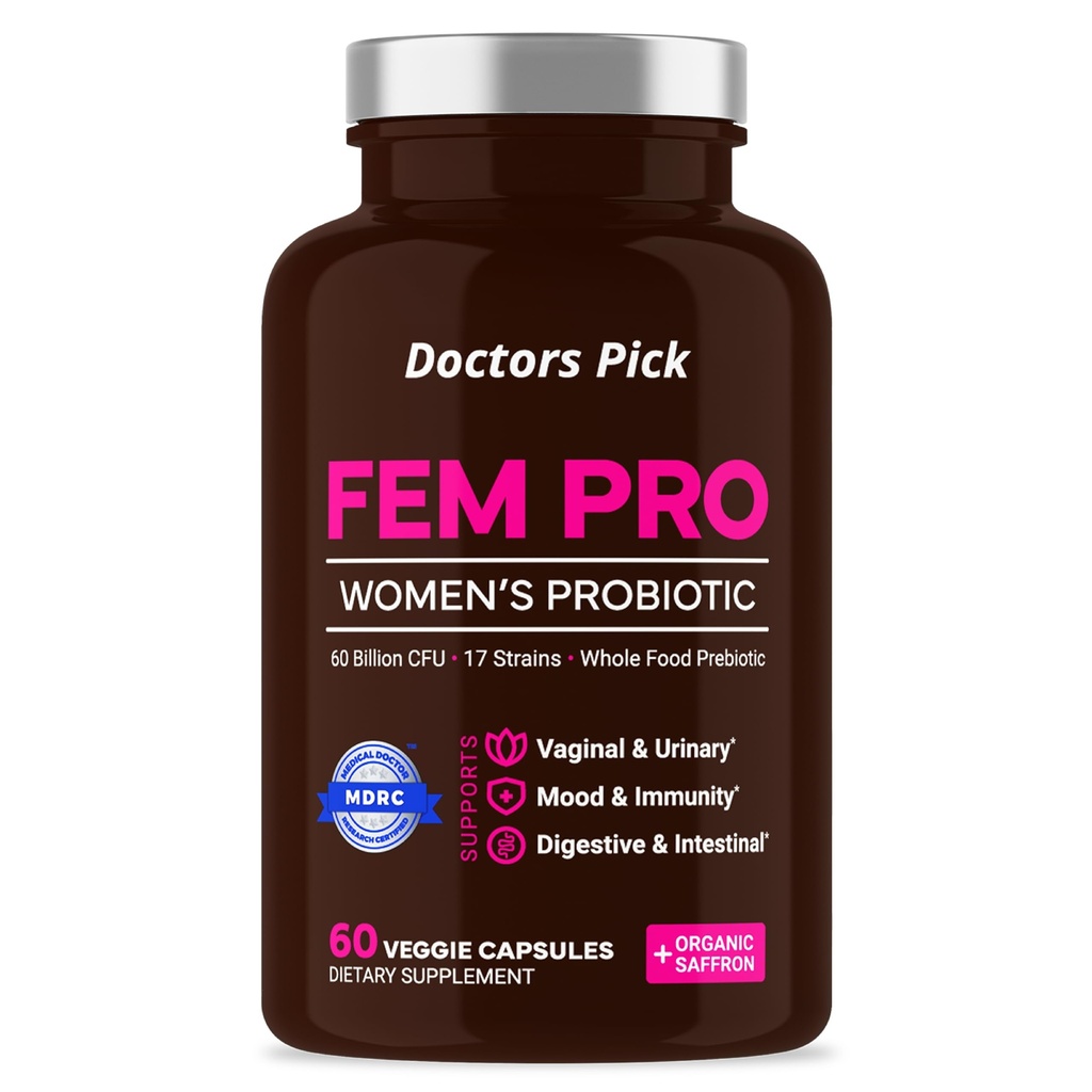 Fem Pro Probiotics for Women. 17 Clinically Effective Strains for Vaginal, Digestive & Immune Support, Urinary Tract Health, pH Balance and Mood. 60 Veggie Capsules, 2 Month Supply