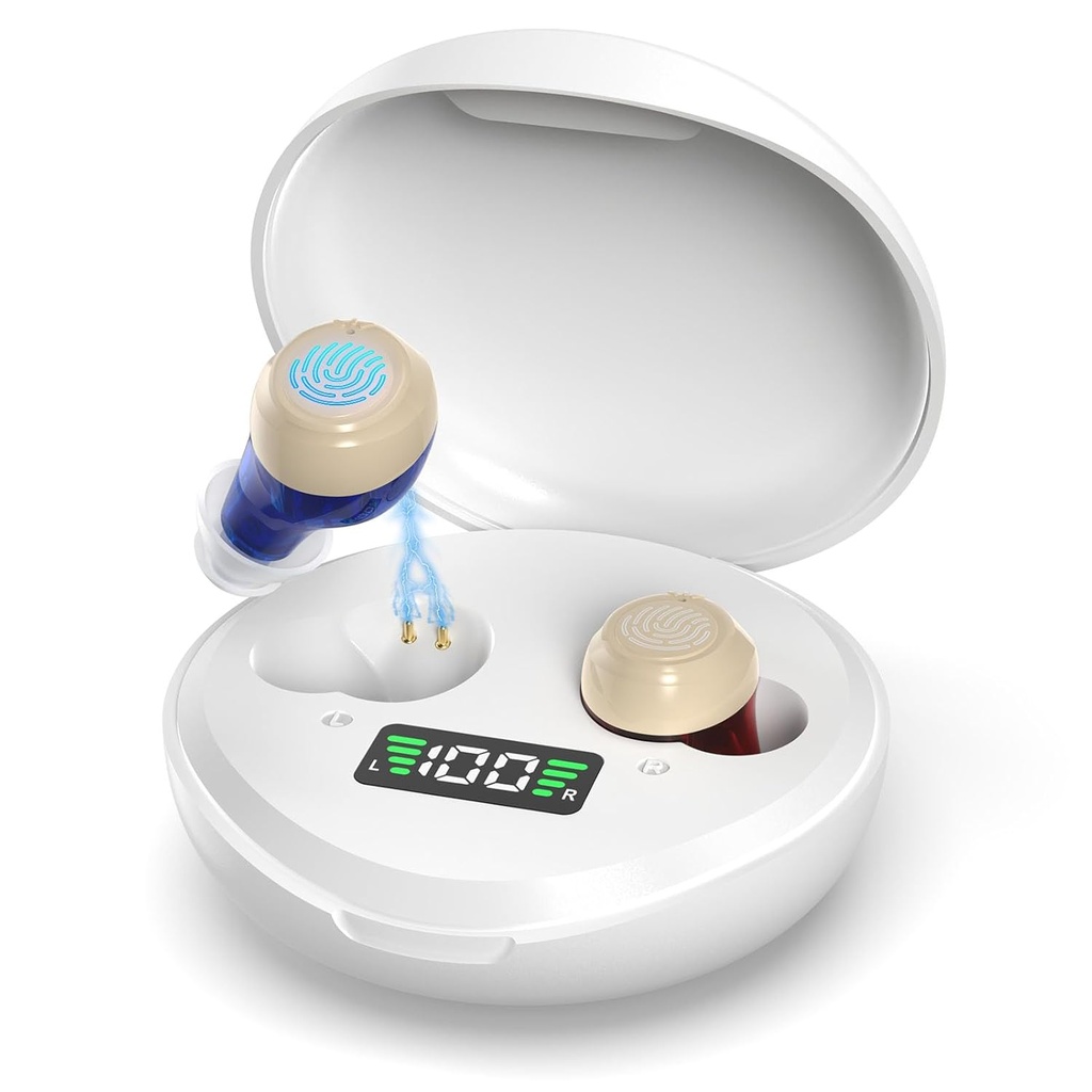 Aparelhos auditivos para idosos, Aparelhos auditivos recarregáveis com display digital, Aparelhos auditivos portáteis com cancelamento de ruído, Mini amplificador auditivo atualizado para perda auditiva pessoal (branco)