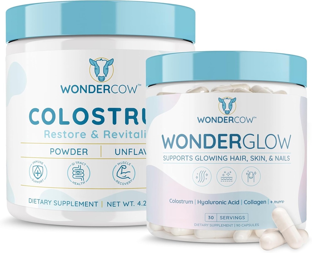 WONDERCOW Colostrum Neochucené + WonderGlow vlasy kůže a hřebíky Vitamíny, Podpora rychlejší růst vlasů, Silnější nehty a zářící kůže
