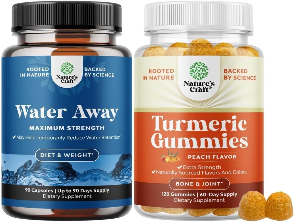 Bundle of Water Away Fluid Retention with Dandelion Leaf Extract & Green Tea for Bloating Relief and Turmeric Gummies for Adults Peach Flavor - Curcumina currica con estratto di pepe nero e zenzero