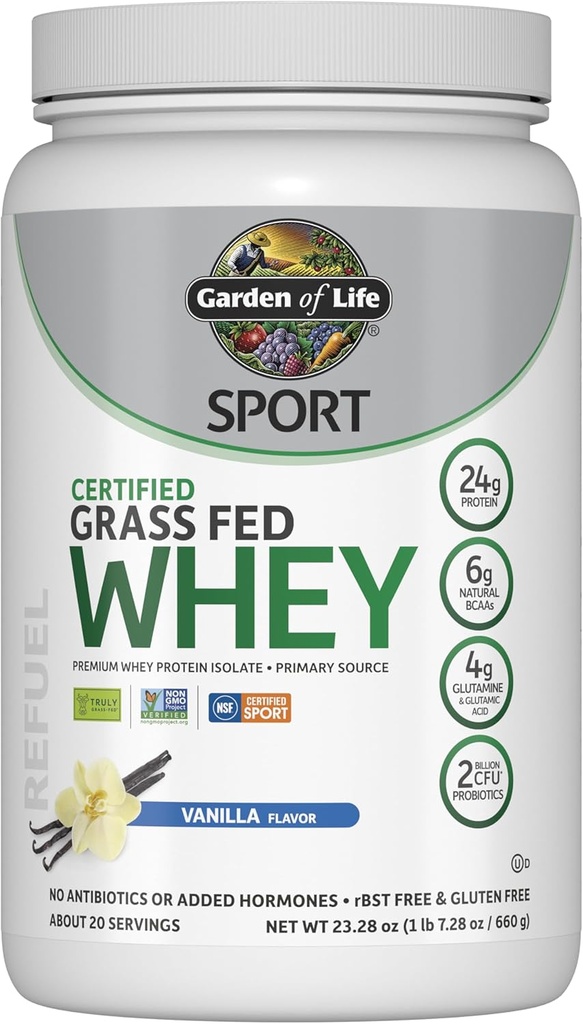 Garden of Life SPORT Whey Protein Powder Vanilla, Premium Grass Fed Whey Protein Isolate plus Probióticos para a saúde do sistema imunológico, 24g Protein, Non GMO, Gluten Free, Cold Processed - 20 Servings