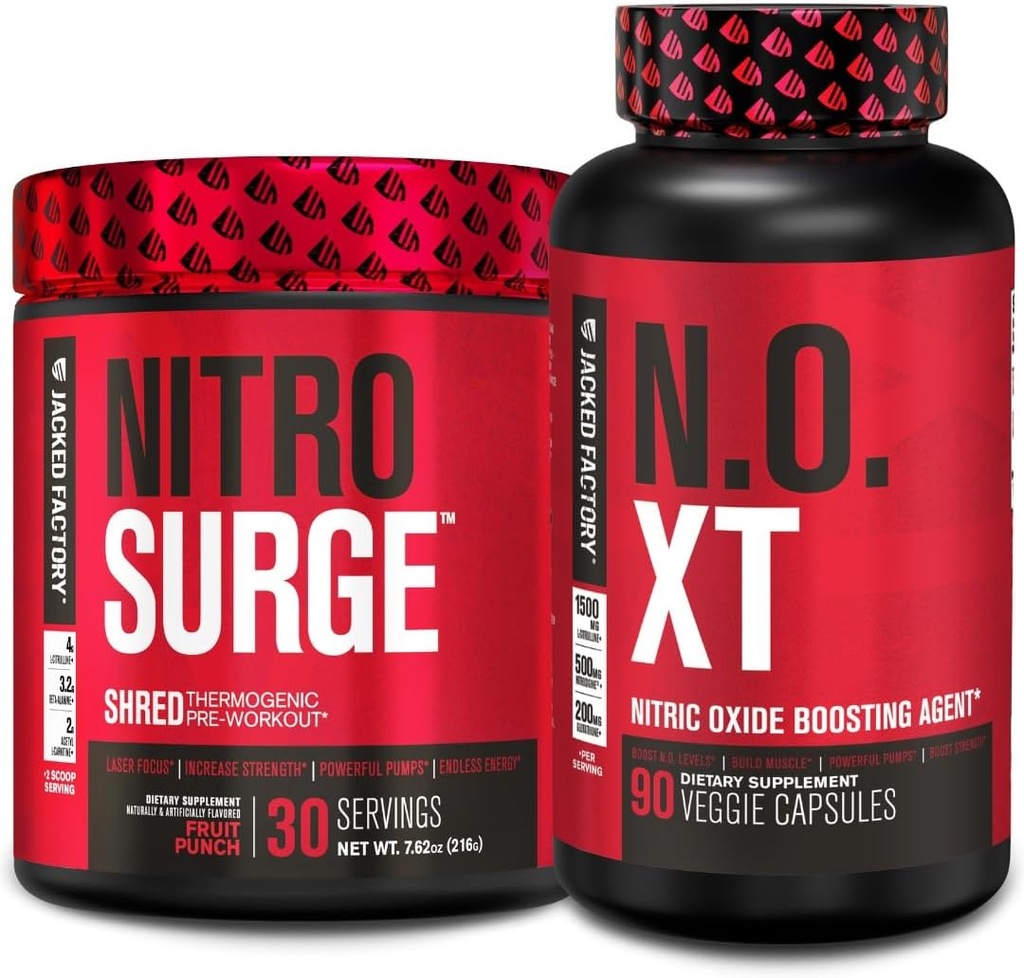 Jacked Factory Nitrovolume Shred Thermogen Pre- Workout i Fruit Punch & N.O. XT Nitrooxid Booster til mænd og kvinder