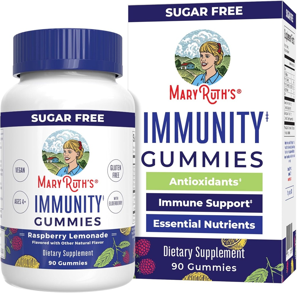 MaryRuth Organics Sugar Free Immunity Gummies | Kraftfull Blend | Elderberry Vitamin C & Zink | Vitamin D3 & Echinacea | Immun Support Supplement | Gummies för barn & vuxna | Vegan | Non GMO | 90ct