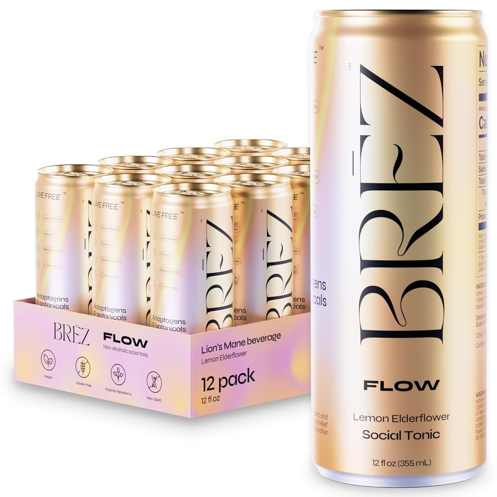 BREZ FLOW Lion, 12-Pack, Non-Infusé, Adaptogènes, Soulagement, Élevée, et Social, Lemon Sparkling Elderflower Tonic 12 Fl oz